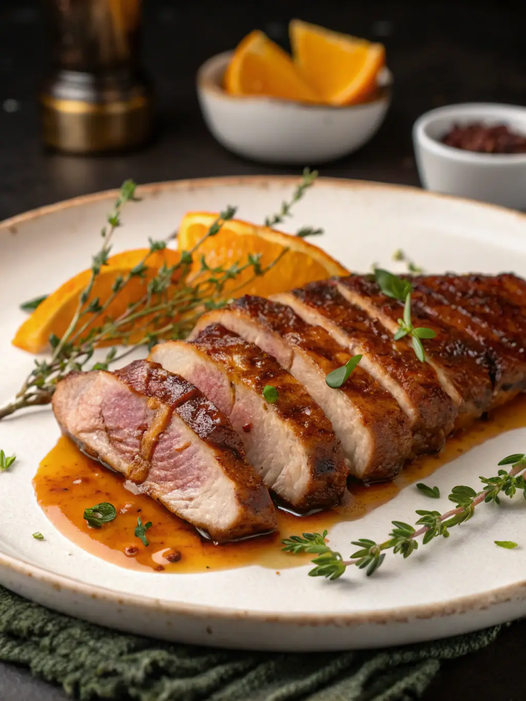 A close-up shot of perfectly cooked Peking duck, showcasing its crispy skin and succulent meat, served with traditional pancakes, scallions, and hoisin sauce.