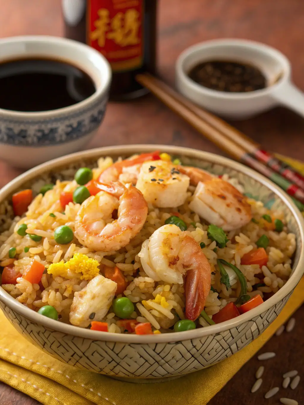 A vibrant plate of Shrimp Fried Rice, with plump shrimp, colorful vegetables, and fluffy rice, all stir-fried to perfection and presented with a side of soy sauce.
