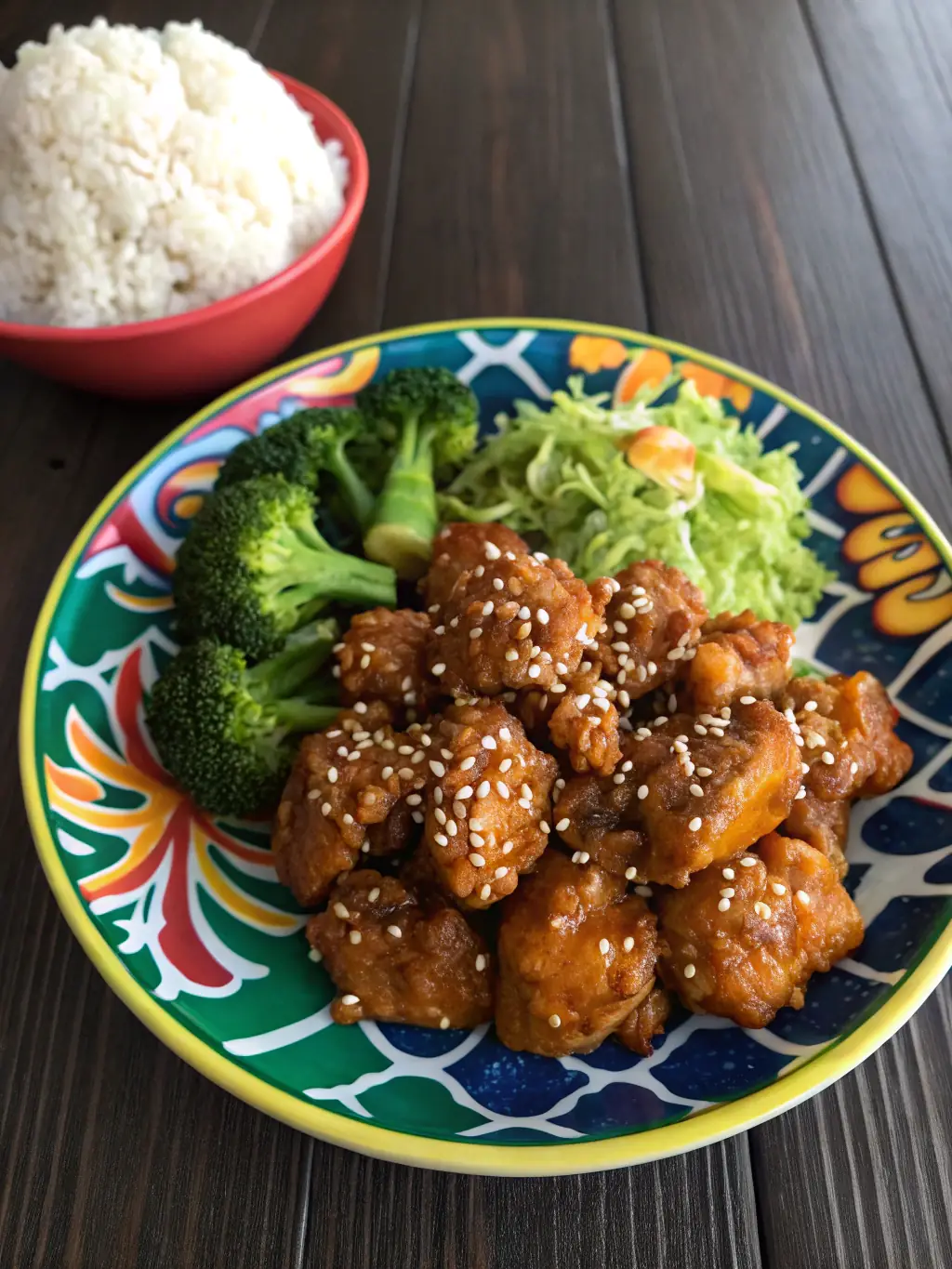 A vibrant image of General Tso's Chicken, featuring crispy chicken pieces coated in a tangy and slightly spicy sauce, garnished with sesame seeds and green onions.