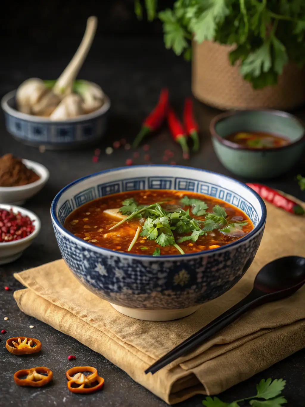 A steaming bowl of Wonton Soup, showcasing delicate wontons filled with savory meat, floating in a clear broth with sliced scallions and a drizzle of sesame oil.