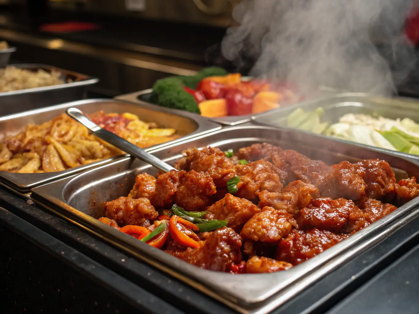 A vibrant image of General Tso's Chicken, highlighting its crispy texture and tangy sauce, garnished with sesame seeds and served with steamed rice.