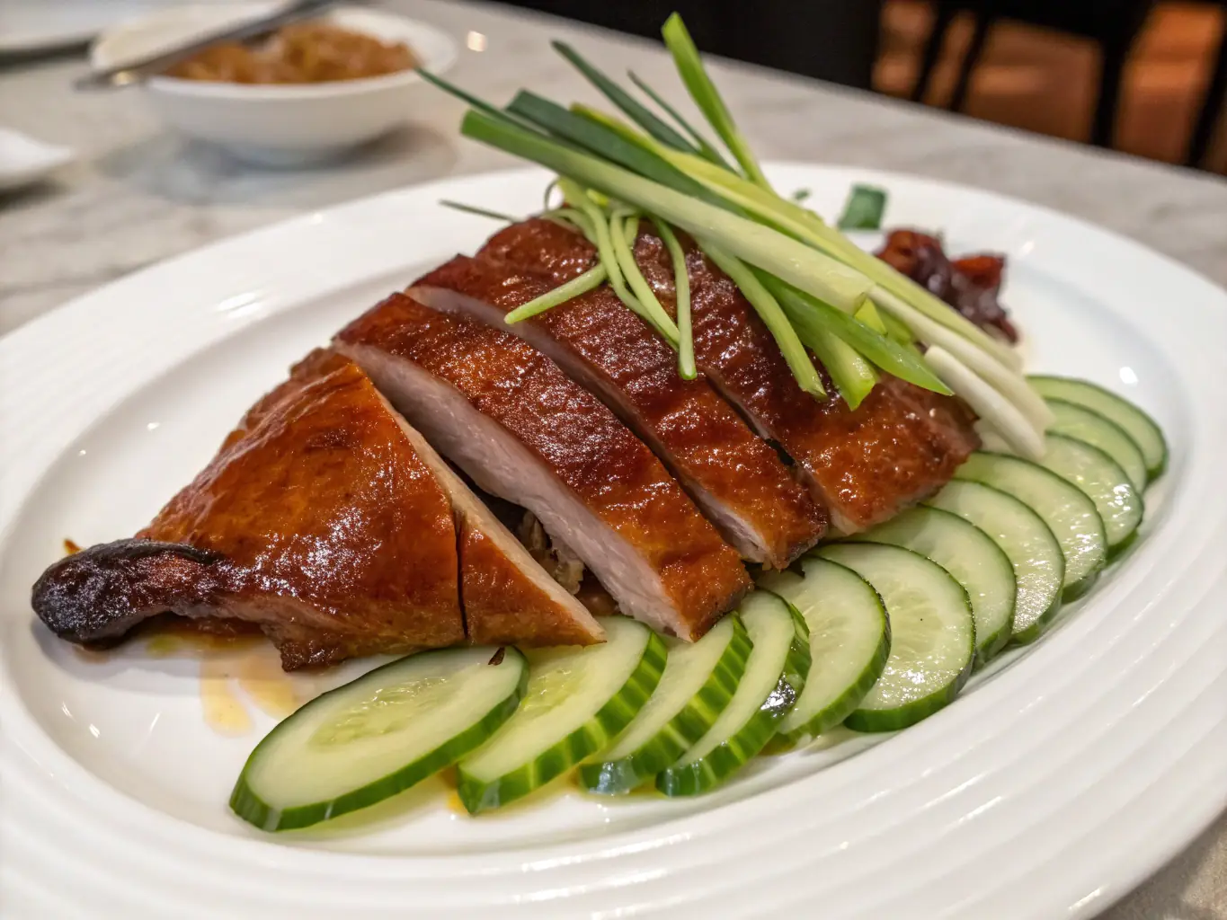 A close-up shot of Mandarin's signature dish, Peking Duck, showcasing its crispy skin and succulent meat, served with traditional pancakes, scallions, and hoisin sauce.