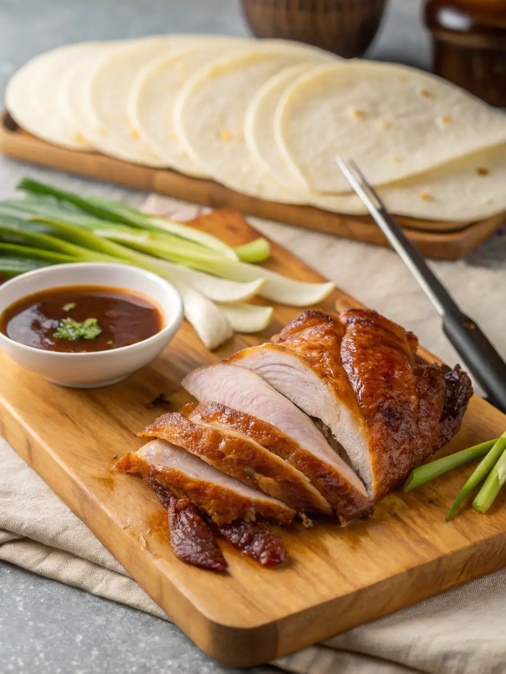 A beautifully plated Peking Duck, showcasing the crispy skin and succulent meat, served with thin pancakes, scallions, and hoisin sauce for wrapping.